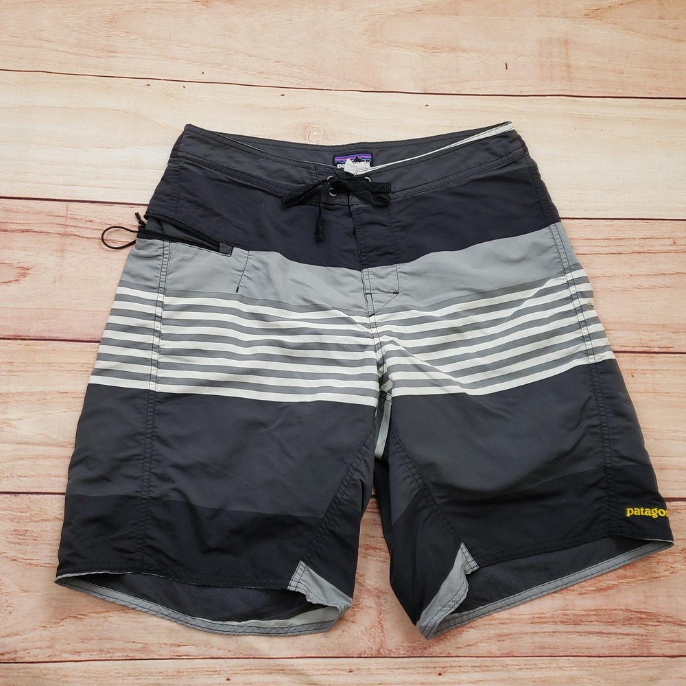 Patagonia Board Shorts Mens 32‎ Gray Striped Drawstring Zip Pocket Swim Surf